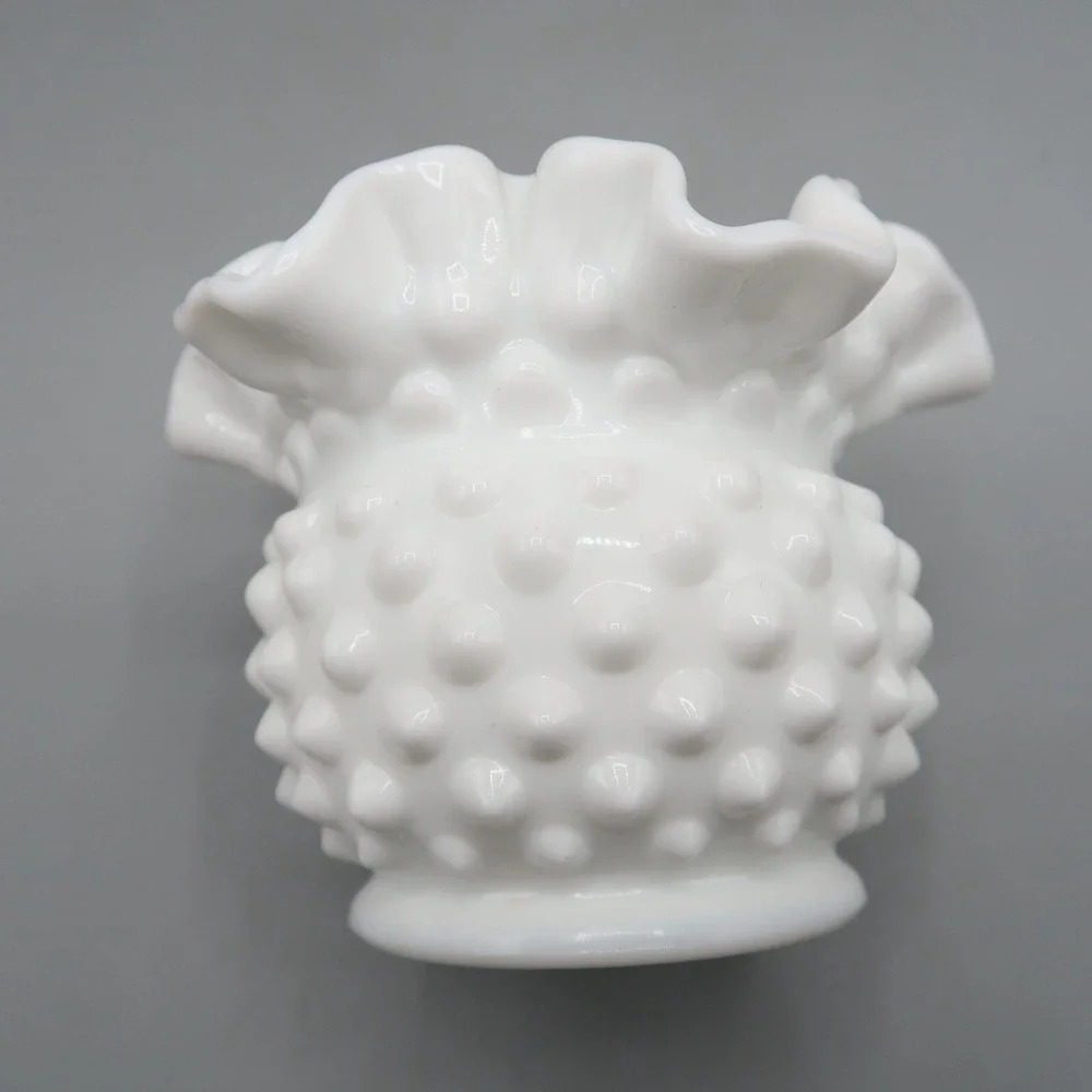 Fenton White Hobnail Ruffled‎ Edge Milk Glass Rose Bowl Vase 3